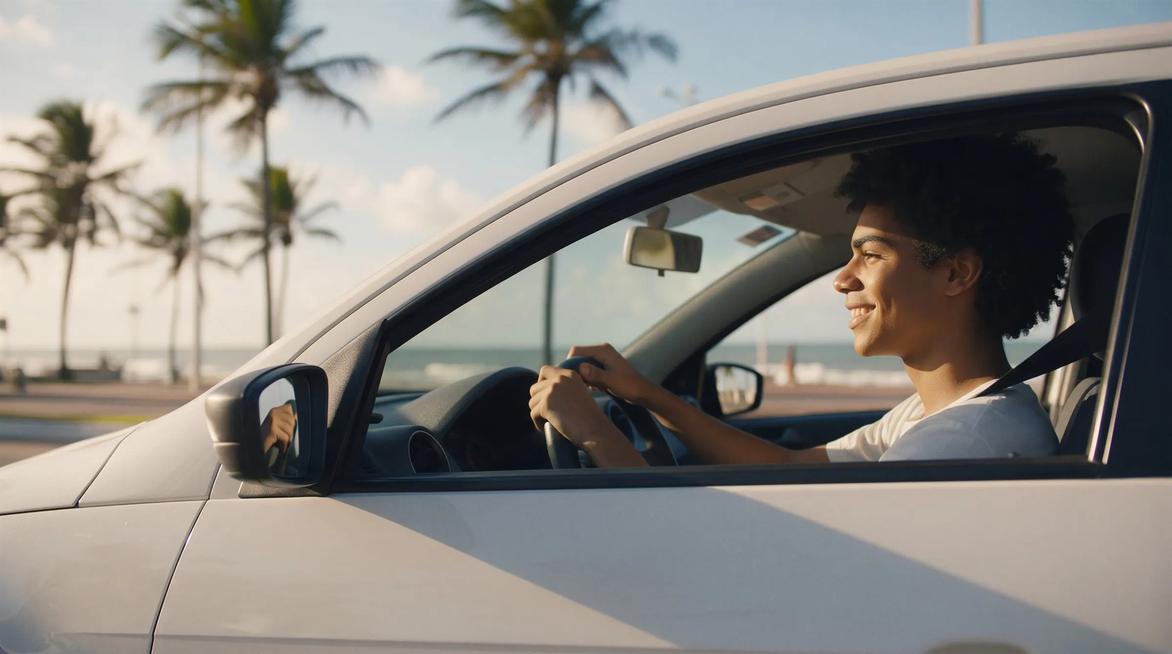 Jovem sorrindo ao volante de um carro branco, com a orla de Natal ao fundo