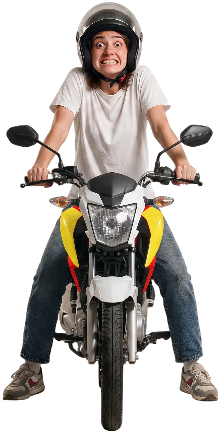 Aluna em pânico numa moto de autoescola, agarrada ao guidão